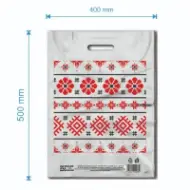 Sacoșă tip Banana 400×500mm, albă cu motive tradiționale, material virgin, 50 microni
